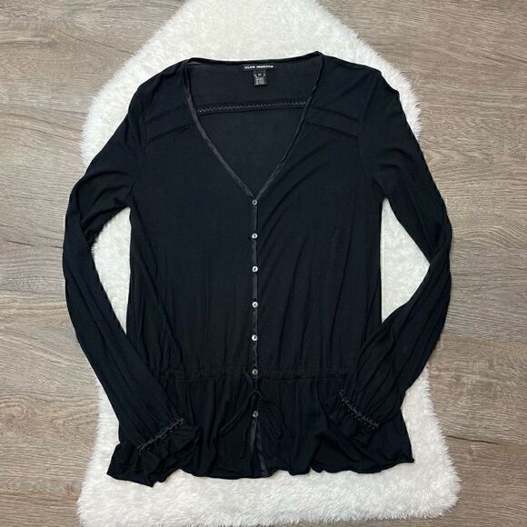 CLUB MONACO Shirt Womens S Button Up Blouse Top Black Ruffle Sleeves - Picture 2 of 11